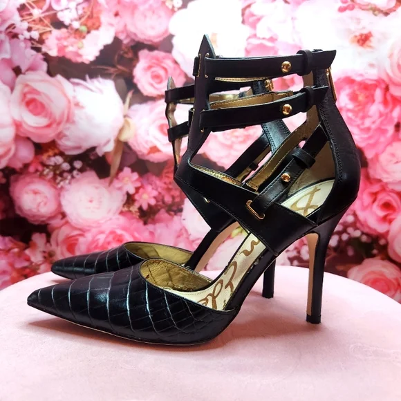 Sam Edelman Leather Heels Size 6 black/gold accents - Picture 3 of 8